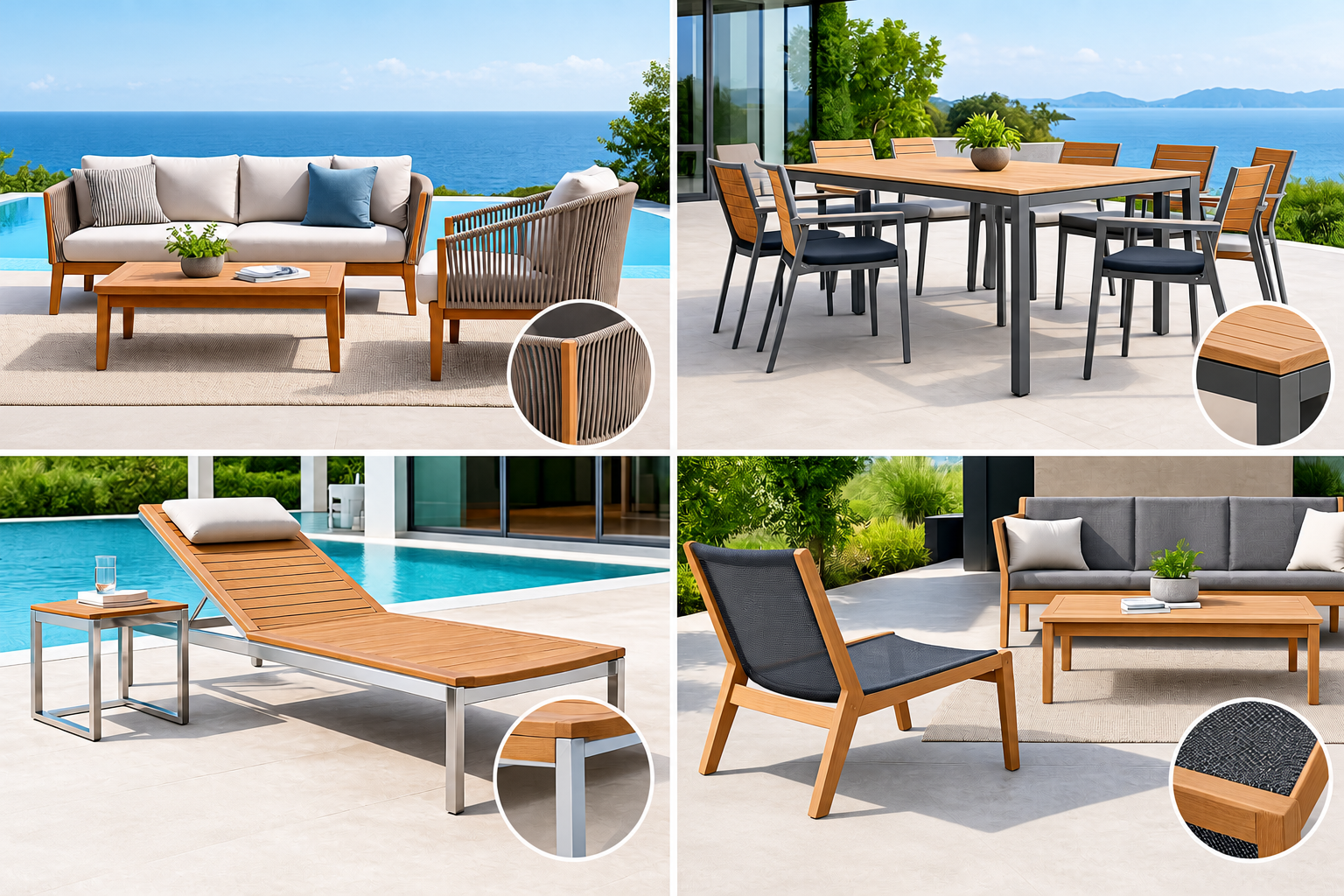 Teak combined with rope, aluminum, stainless steel or outdoor mesh